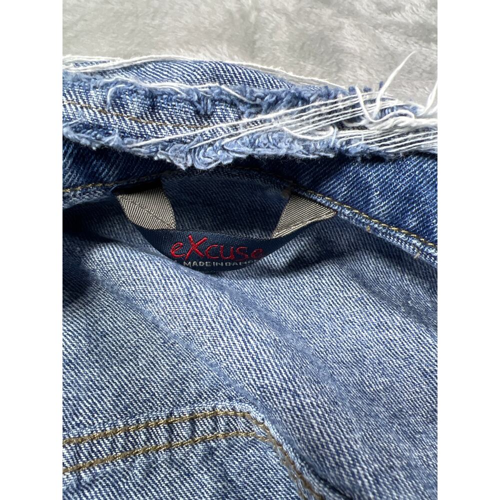 Excuse Distressed Denim Jacket Women Medium Edgy Rocker Moto Style Biker - Picture 3 of 9